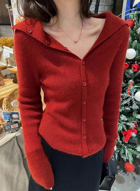 设计秋冬山羊绒开衫欧货新年红色秋冬女翻领上衣打底毛衣外套显瘦