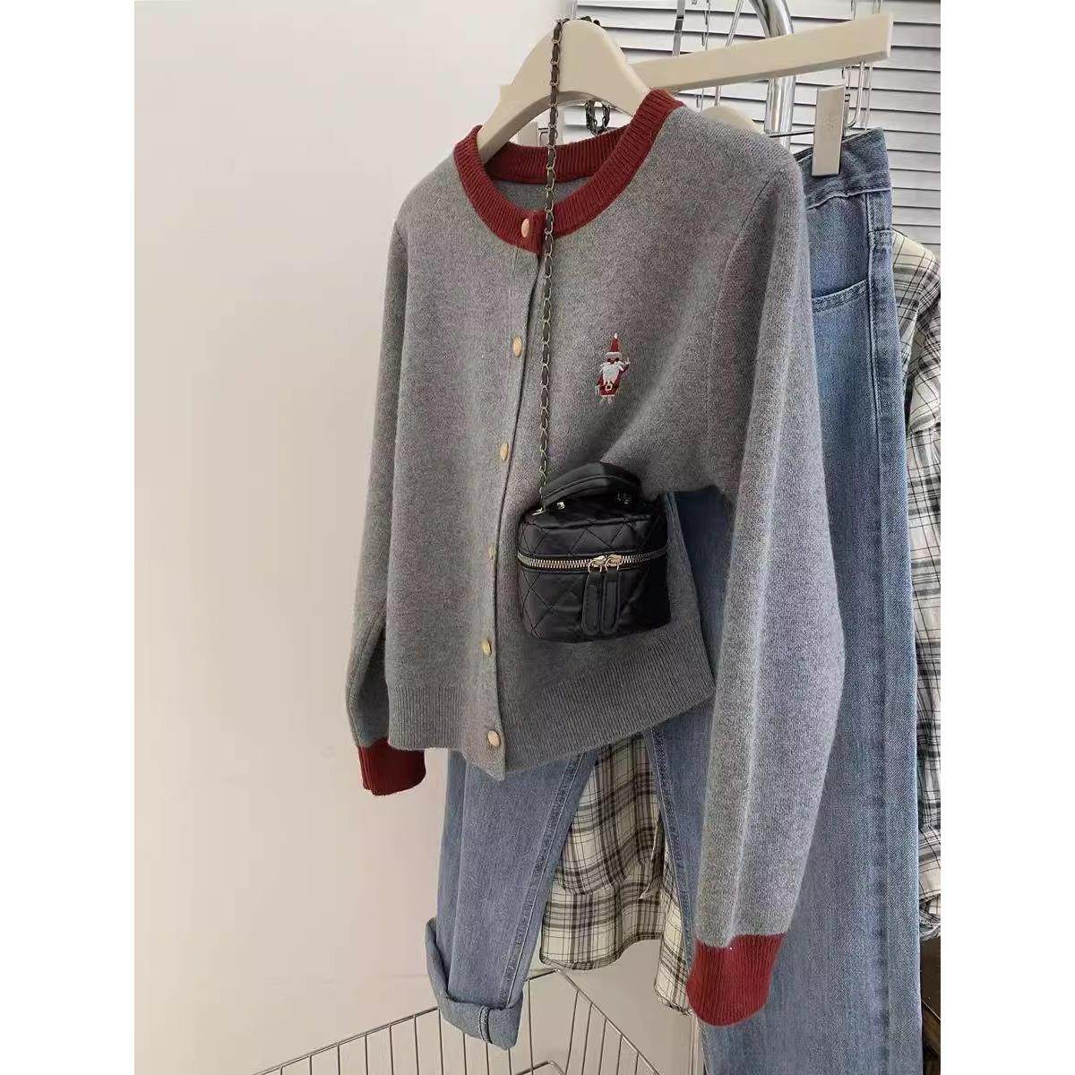 2025秋冬新款100%纯羊毛开衫女圆领长袖针织外套宽松显瘦毛衣上衣