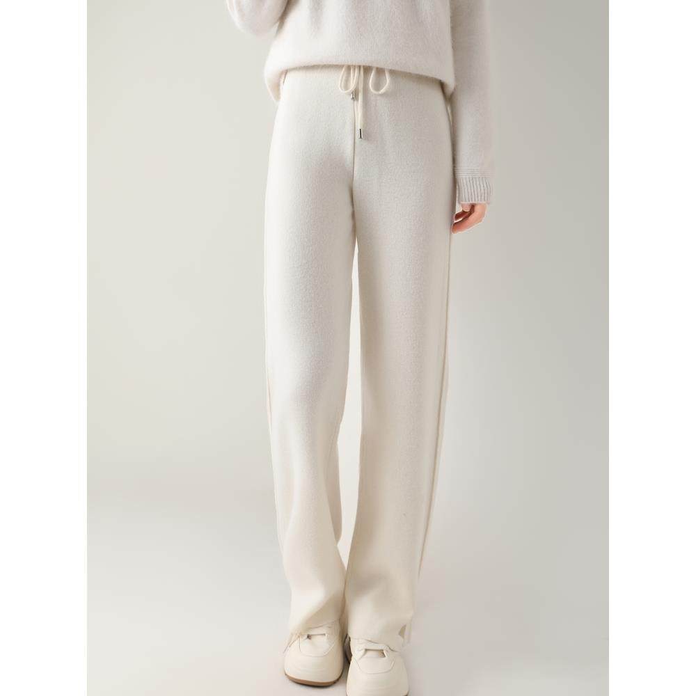 秋冬新款纯羊毛女休闲加厚垂感外穿高腰显瘦开叉直筒针织裤长裤