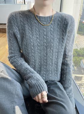 加厚圆领100%纯羊毛女式秋冬新款百搭针织衫覆古捻羊绒灰色针织衫