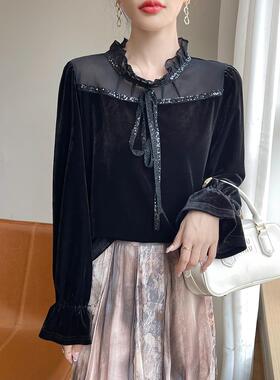 强烈推荐~法国覆古金丝绒女底衬衫25春夏蕾丝领长袖衬衫上衣