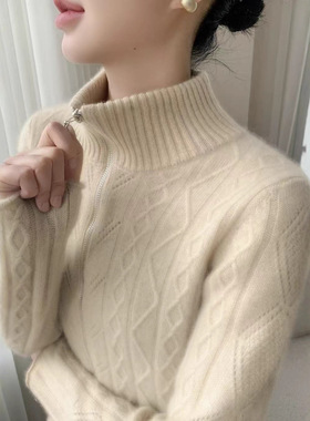 加厚秋冬新款扭花翻领拉链山羊绒开衫女针织外套宽松外穿打底毛衣