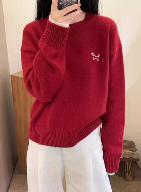 新年红色美丽诺100%纯羊毛衫女加厚圆领小狗刺绣毛衣宽松针织打底