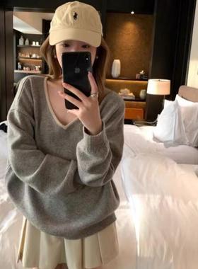 V领100%纯羊毛衫女2025秋冬新款欧货高端内搭灰色毛衣针织打底衫