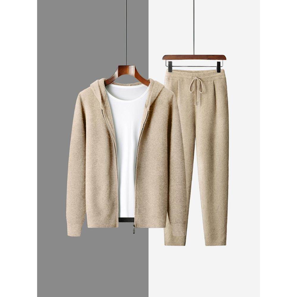 秋冬新款纯山羊绒开衫男带帽拉炼宽松毛衣外套加厚上衣休闲裤套装