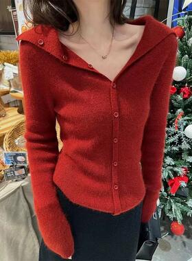 春装翻领开衫女100%纯羊毛针织衫上衣欧货新年红色秋冬毛衣外套