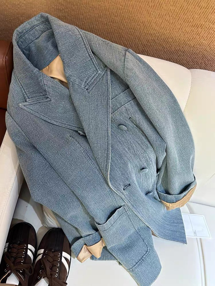 FOREIGN TRADE HIGH-END EARLY AUTUMN NEW UNIQUE GOOD-LOOKING SENSE OF LUXURY RETRO CASUAL LOOSE BLUE BLAZER DENIM JACKET WOMEN