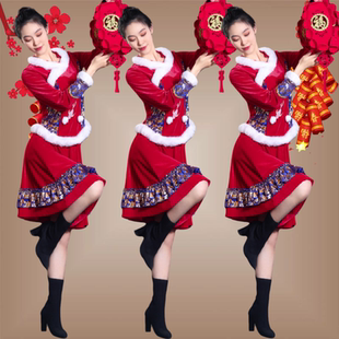 广场舞服装 中老年喜庆打鼓演出服 秋冬金丝绒中国风秧歌服裙子套装