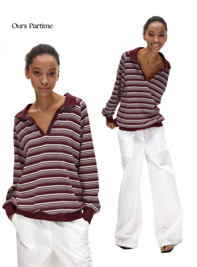 Ours Partime V领条纹撞色宽松polo针织衫