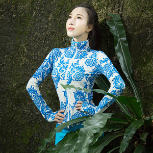 22新款专业秋款瑜伽服青花瓷外套上衣修身显瘦健身立领防风长袖女