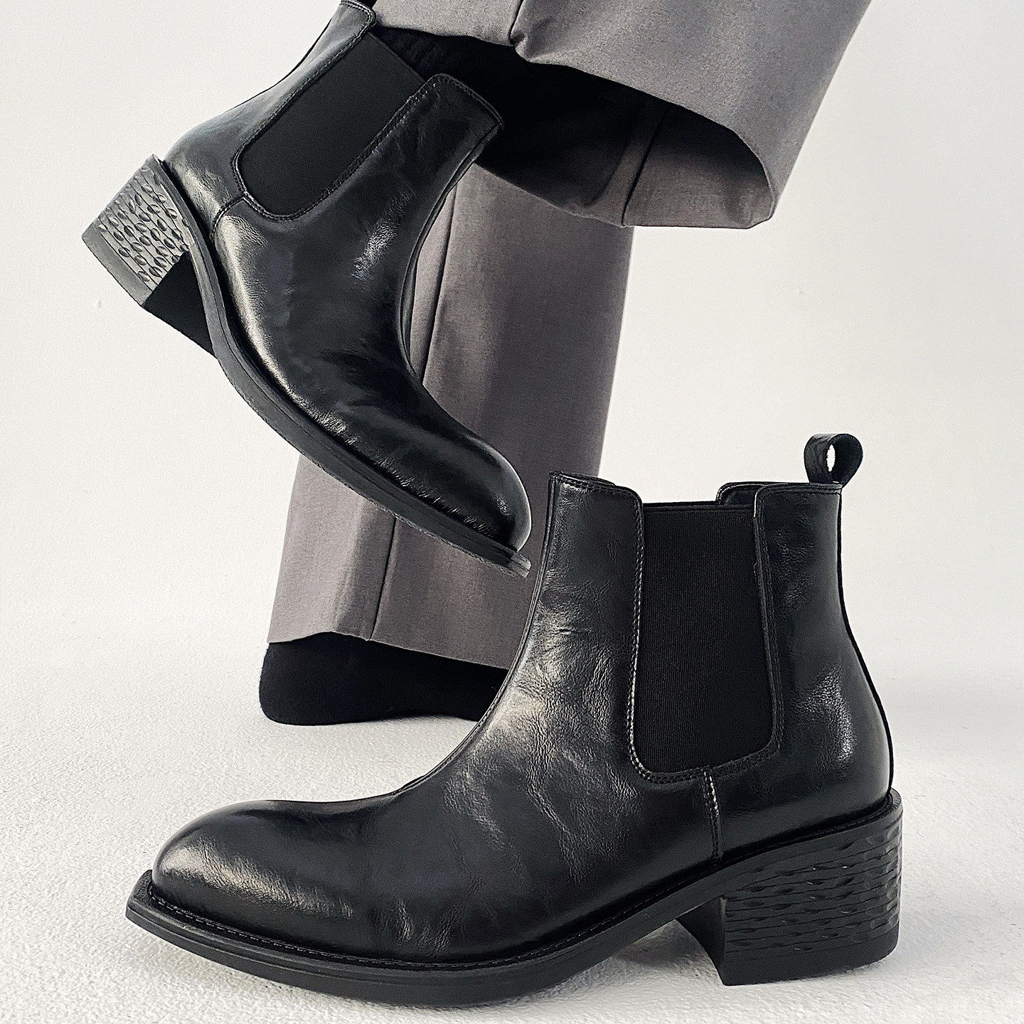 XZ110-25312#英伦风尖头切尔西靴男短筒真皮黑色春秋增高靴P130，男鞋切尔西靴，星座110