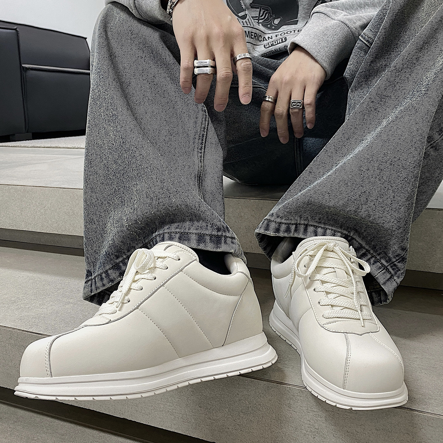 XZ110-25378#简约百搭白色厚底休闲板鞋男系带小白鞋运动鞋P120，男鞋休闲鞋，星座110