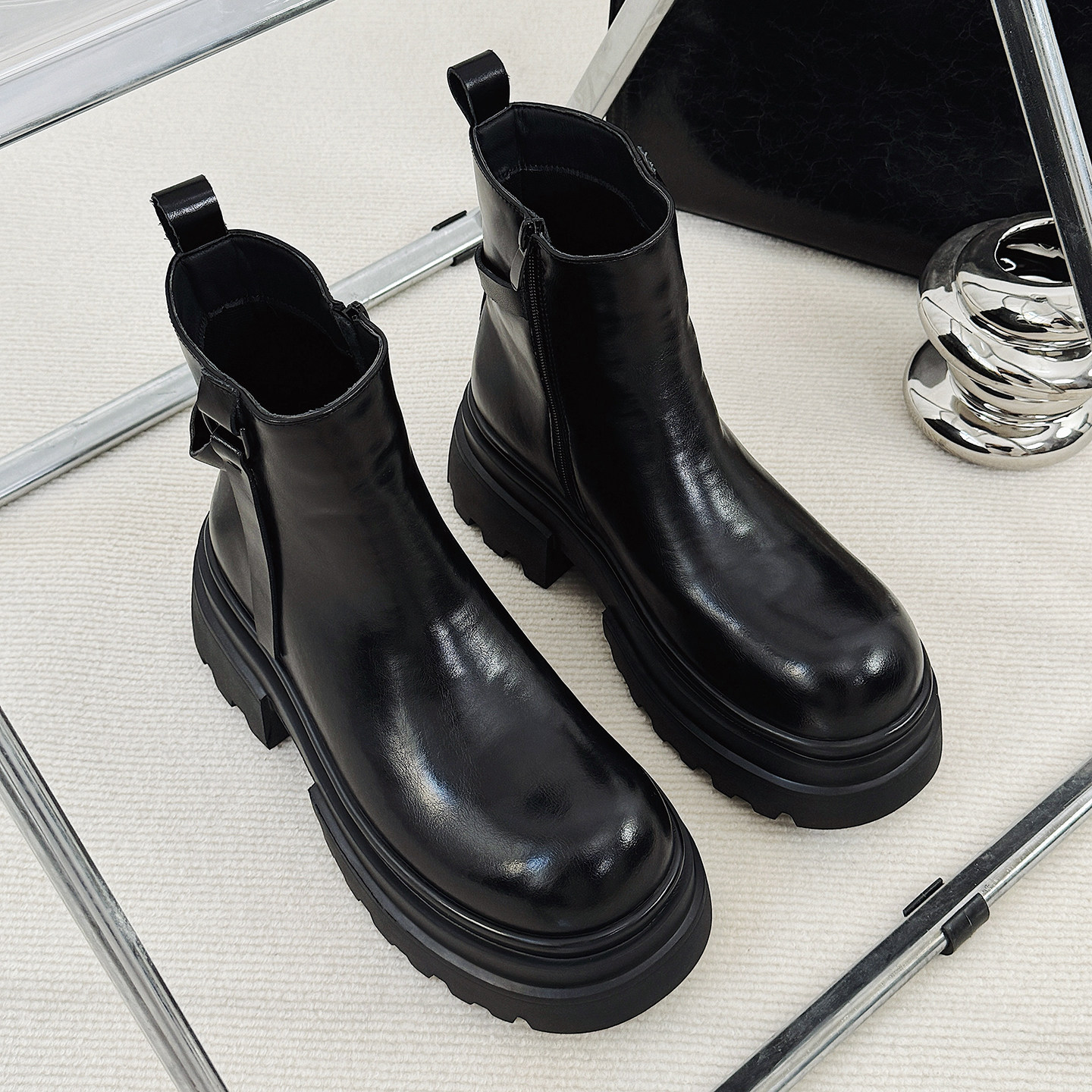 XZ110-251528#英伦风黑色厚底马丁靴冬季保暖中跟短靴通勤P130，男装棉衣，星座110