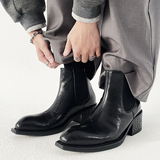 XZ110-25312#英伦风尖头切尔西靴男短筒真皮黑色春秋增高靴P130，男鞋切尔西靴，星座110