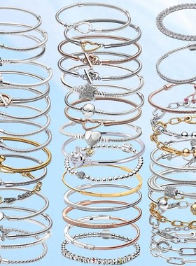 潘家纯银s925新款蓝色网球手链米奇扣头蛇骨链可调节手环