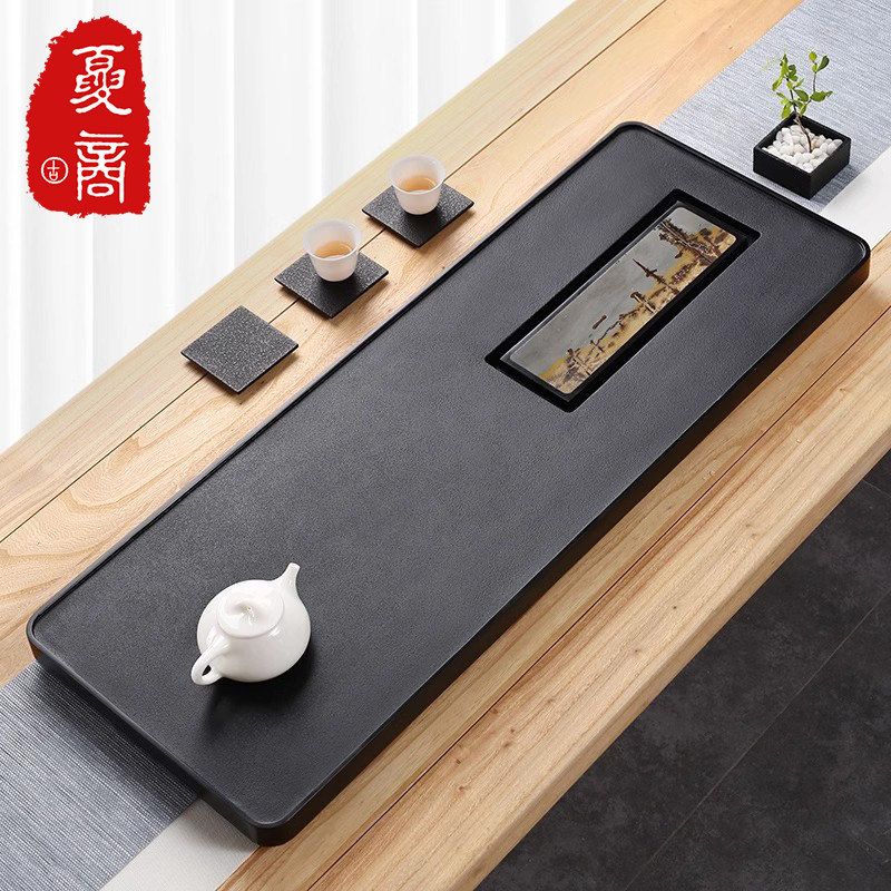 乌金石茶盘客厅高档石头茶台小型天然石材茶具托盘现代国画石茶盘