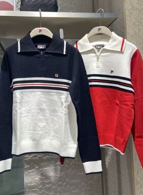 FILA斐乐2025冬季新款女子休闲拼色舒适翻领长袖编织衫F11W548404