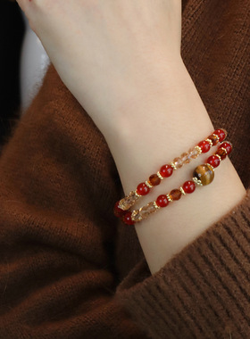 新中式天然虎眼石手链水晶女款轻奢双圈精致红玛瑙圣诞新年红手串