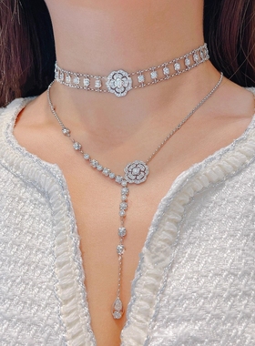 山茶花系列高级感胸链个性Y型高碳钻锆石玫瑰花项链轻奢小众颈链