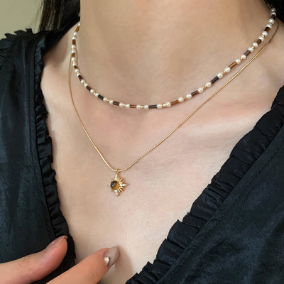 八芒星虎眼石美拉德双层叠戴项链女时尚气质秋冬轻奢高级感毛衣链