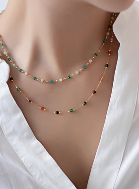 天然石多巴胺项链轻奢小众配饰女锁骨链简约高级感彩虹色串珠颈链