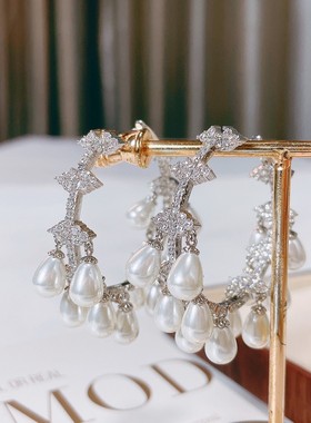 欧美时尚气质微镶锆石创意流耳环珍珠缠绕水滴圆形耳圈耳扣行耳饰