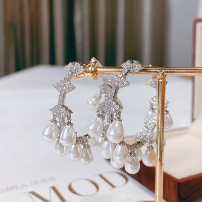 欧美时尚气质微镶锆石创意流耳环珍珠缠绕水滴圆形耳圈耳扣行耳饰