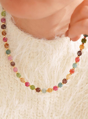 天然碧玺彩虹小方糖多巴胺项链秋冬毛衣链轻奢高级感时尚串珠颈链