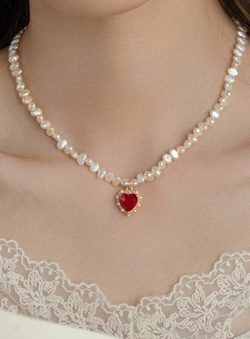 法式轻奢红色爱心巴洛克天然淡水珍珠项链女小众锁骨链高级感颈链