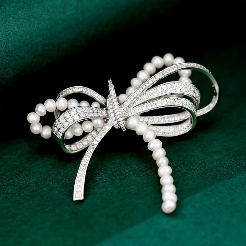 法式新款重工天然珍珠串超闪锆石蝴蝶结胸针轻奢时尚高档胸花别针