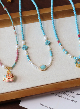 新中式小众设计复古红纹石菱镁矿优化绿松石淡水珍珠项链锁骨链