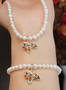 天然淡水珍珠项链轻奢重工超闪彩色小马锆石项链高级感气质锁骨链