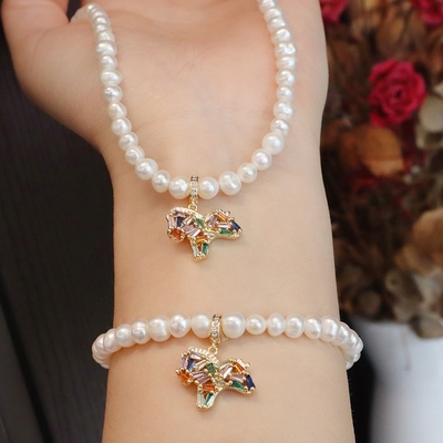 天然淡水珍珠项链轻奢重工超闪彩色小马锆石项链高级感气质锁骨链