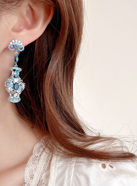 蓝色花瓶耳环轻奢重工小众新中式气质耳环女古风立体耳环晚宴耳坠