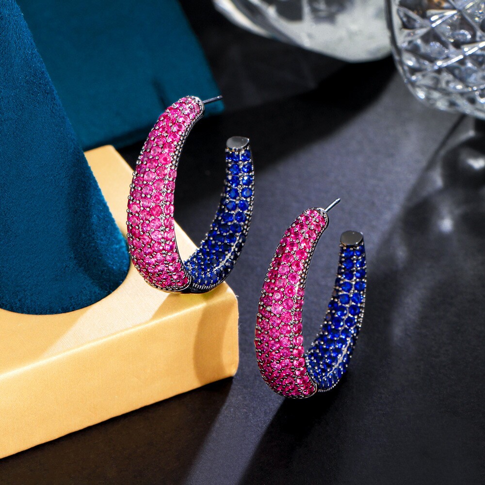 S925银针欧美轻奢夸张大气圈圈耳坠枪黑锆石镶嵌耳针耳饰C圈耳环