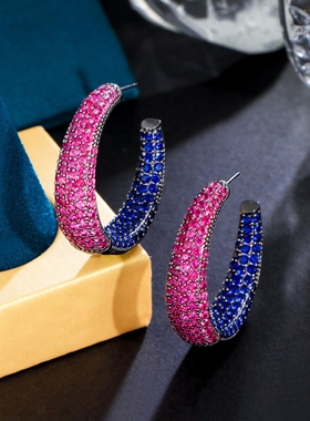 S925银针欧美轻奢夸张大气圈圈耳坠枪黑锆石镶嵌耳针耳饰C圈耳环