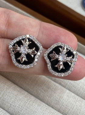 法式复古银针黑色十字架耳环女2025年新款潮复古镶锆石方形耳钉女