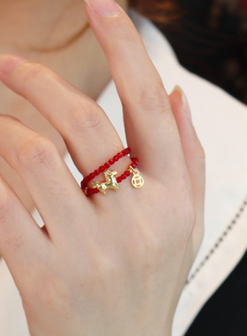 国潮新款马上有钱戒指小众高级感弹力红尖晶串珠指环葫芦双圈戒指