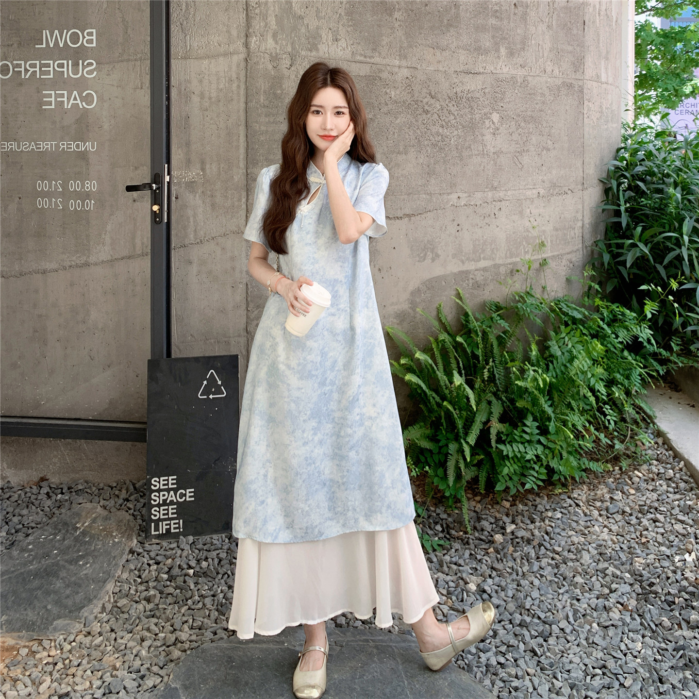 2025夏季新款128-2579-P155-K228蓝色风改良新中式拼接连衣裙，女装连衣裙，浙宝128（原290）