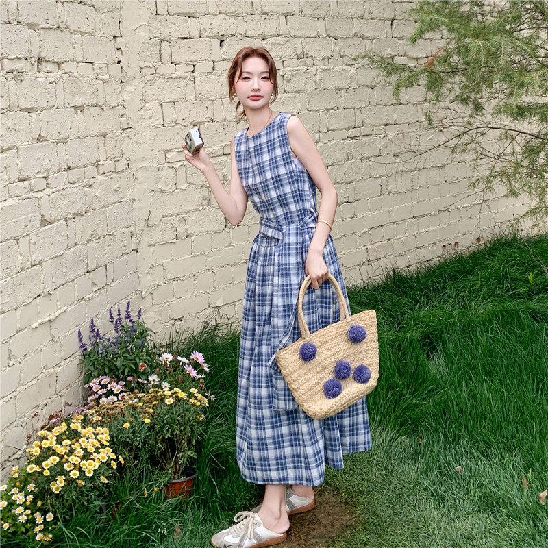 韩系小个子复古格子背心连衣裙女2025夏季新款气质文艺范过膝长裙,女装连衣裙,浙宝128（原290）