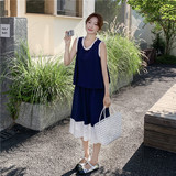 轻熟风穿搭藏蓝色蕾丝拼接背心套装女夏松弛感超火减龄半裙两件套，商品下架区，浙宝128（原290）