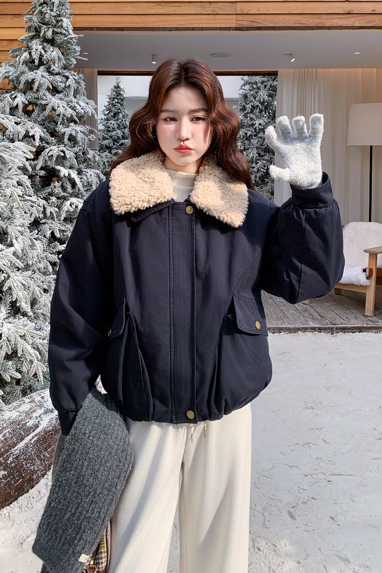 现货2025冬季新款25111-P210-K318藏青色兔毛内里短款棉服,女装棉衣/棉服,浙宝128（原290）
