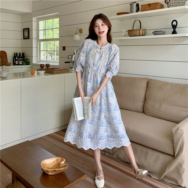 国风盘扣碎花连衣裙女夏新款度假小个子减龄泡泡袖仙女新中式裙子,女装连衣裙,浙宝128（原290）