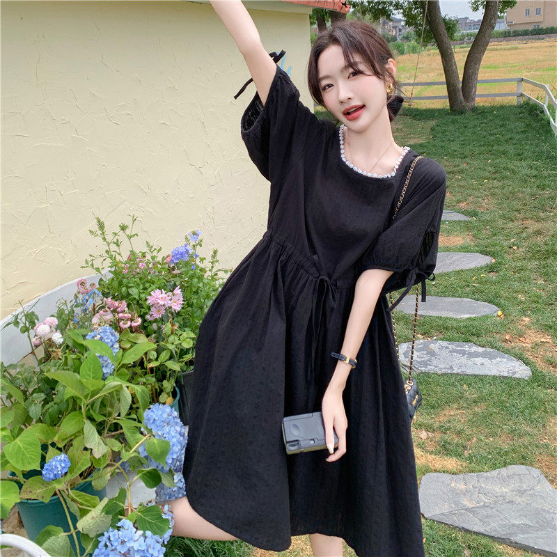 法式气质赫本风方领连衣裙女2025夏季新款韩版收腰显瘦系带长裙子,女装连衣裙,浙宝128（原290）