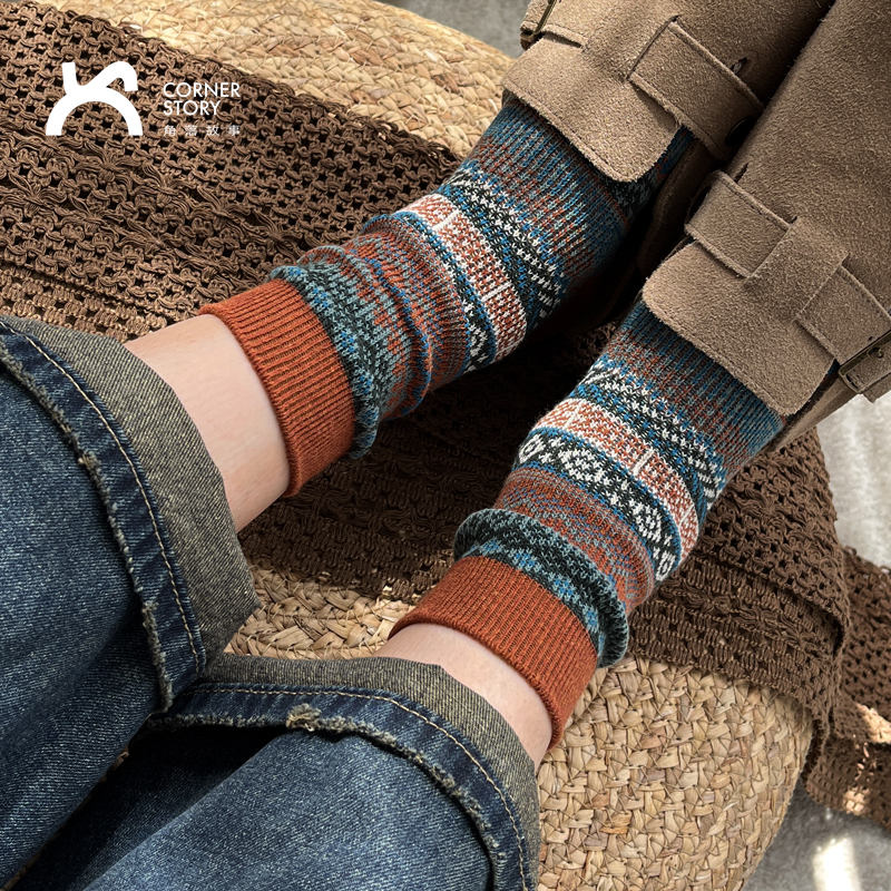 咔叽风女精梳棉双针双路中筒袜