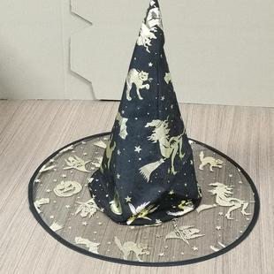 Halloween万圣节纱帽宽边沿尖帽烫金黑色透明巫师纱帽魔法帽
