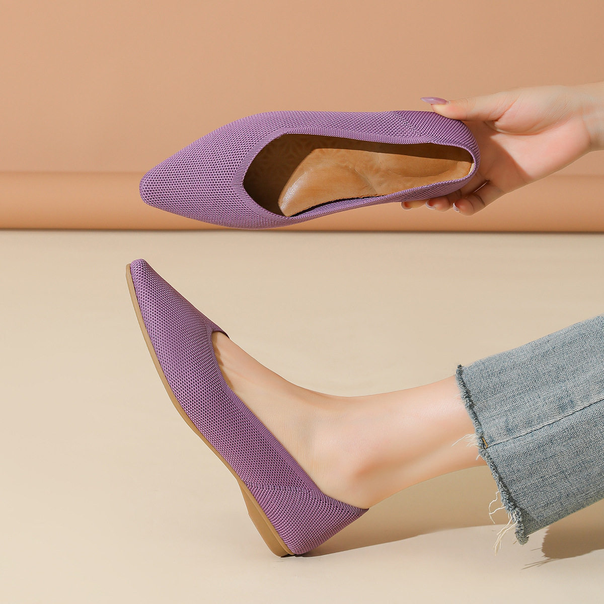 春秋软底蛋卷欧美王妃鞋飞织单鞋豆豆鞋平底瓢鞋女鞋针织尖头船鞋