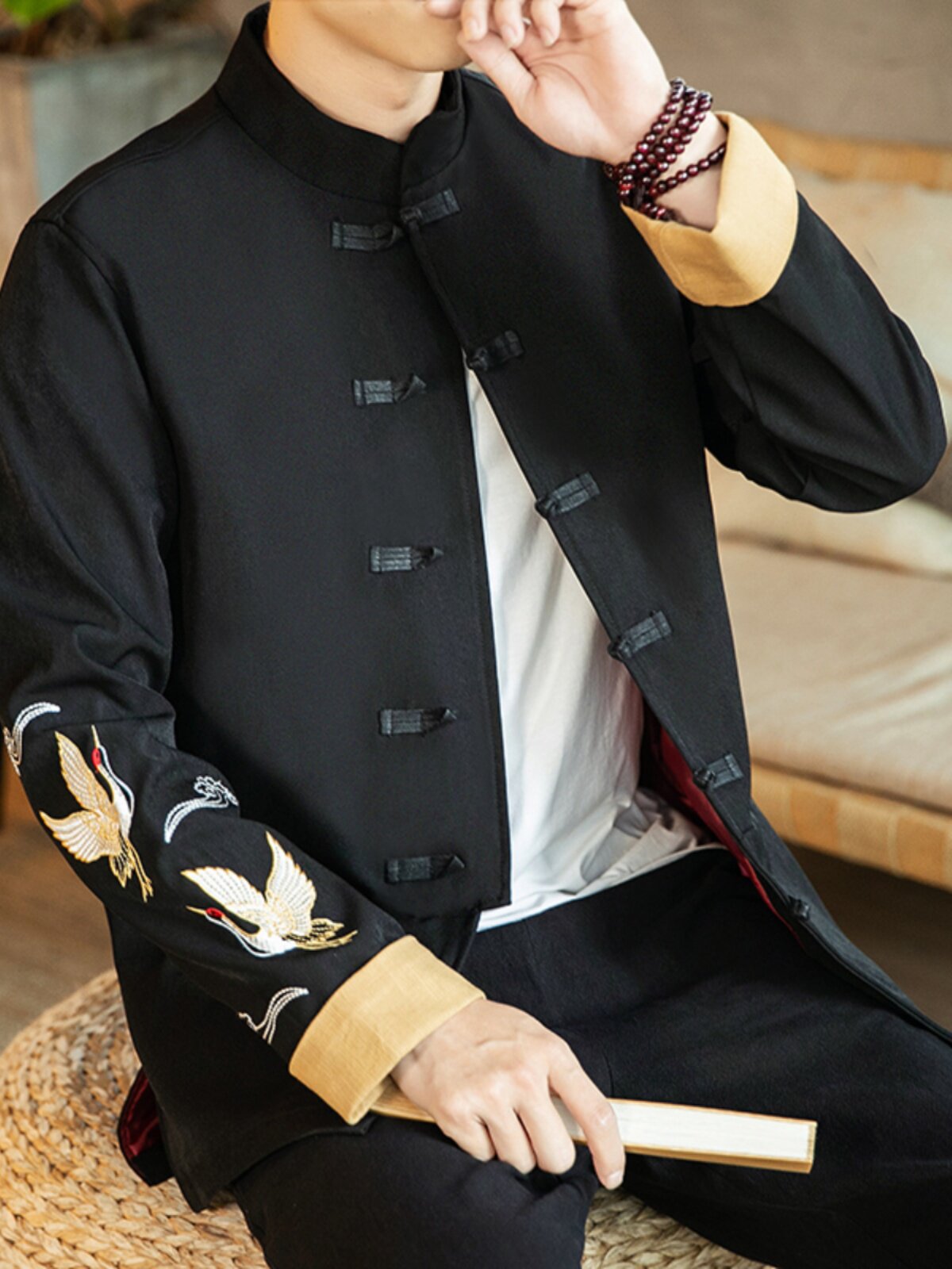CHINESE STYLE SPRING AND AUTUMN CASUAL GOLD DRAGON EMBROIDERY BUCKLE TANG MENS JACKET CHINESE RETRO PLUS SIZE FLIP SLEEVE STAND-UP COLLAR JACKET
