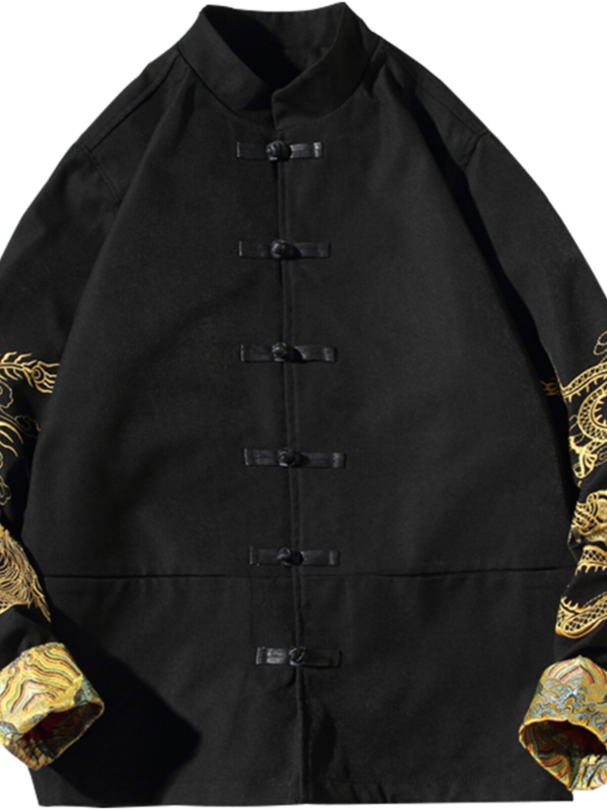 CHINESE STYLE SPRING AND AUTUMN CASUAL GOLD DRAGON EMBROIDERY BUCKLE TANG MENS JACKET CHINESE RETRO PLUS SIZE FLIP SLEEVE STAND-UP COLLAR JACKET