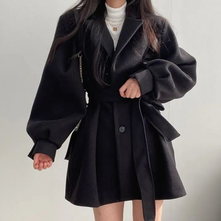 新款韩版秋冬装绑带气质小个子西装领赫本风中长款毛呢女大衣外套